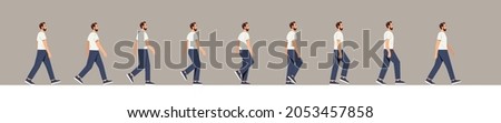 Set of human walk. Man walks, many frames, images for creating animation. Pictures repeating in a circle, constant movement, proplr. Cartoon flat vector illustration isolated on white background Foto stock © 
