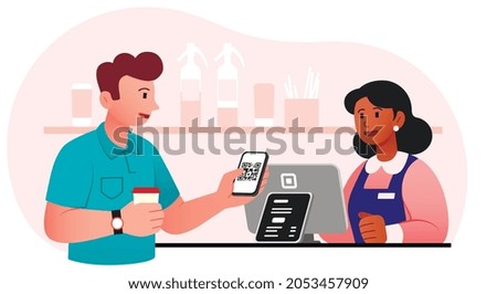 Man pays with smartphone in store. QR code concept. Cartoon flat vector illustration isolated on white background