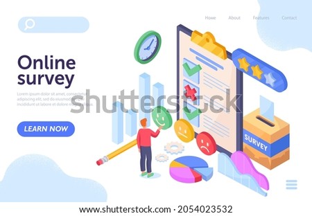 Completing online survey. Man stands next to large list and answers questions. Feedback from users and customers. Landing page. Cartoon isometric vector illustration isolated on white background
