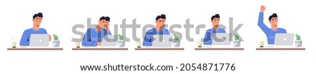 Set of emotions. Man works at laptop. Programmer celebrating success at work, success. Tired and successful worker, close to deadline. Cartoon flat vector illustration isolated on white background