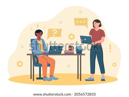 Concept of job dissatisfaction. Man and woman discussing project. Employees not happy with his life, problems, concern, unhappy. Cartoon flat vector illustration isolated on white background