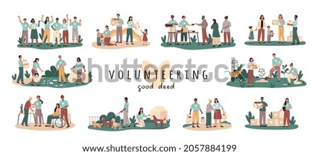 Volunteer assistance concept. Men and women feed homeless, play with orphans, help elderly, clean up garbage and walk with dogs. Cartoon modern flat vector collection isolated on white background