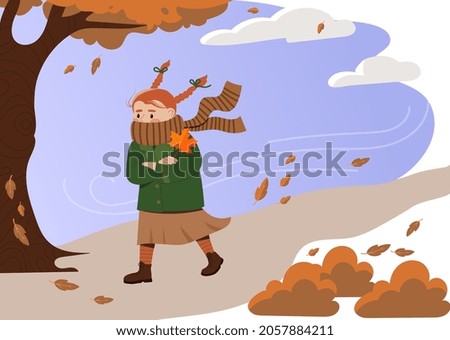 Autumn strong wind storm. Girl in jacket and scarf walks down windy street. Fallen yellow leaves. Character resists strong gusts of air. Cartoon flat vector illustration isolated on white background