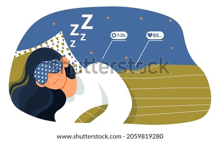 Woman in night mask. Young girl sleeping. Taking care of your health, correct daily routine. Modern technology, pulse, breathing. Cartoon flat vector illustration isolated on white background