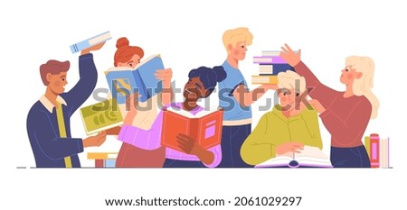 People exchange books concept. Bookcrossing. Young men and women recommend their favorite literary works to each other. Group of readers. Cartoon flat vector illustration isolated on white background