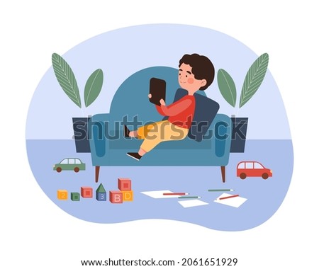Boy use tablet concept. Child indifferent to toys. Character lying on couch and playing digital games on modern device. Technology development. Cartoon flat vector illustration on white background