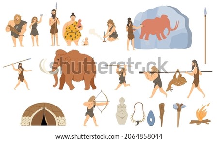 Primitive people hunt concept. Ancient wild people forage, cook, shoot arrows and draw mammoths in cave. Men and women in animal skins. Cartoon flat vector sticker set isolated on white background Photo stock © 
