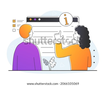 Customer service guide. Consultant prompts client how to work with purchased product. Instruction on Internet, description of services. Girl gives man information. Cartoon flat vector illustration