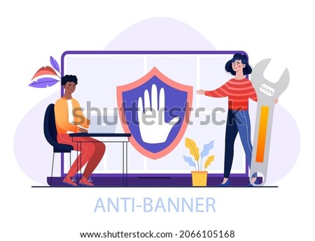 Ad blocking software concept. Protecting your computer from virus. Internet security. Browser, advertising blocking, plugins, Webste, page, modern technology. Cartoon flat vector illustration