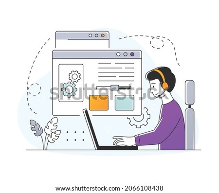 Alt tag optimization. Man works on laptop. Programmer developing application. Search for errors in code, identification of problems, speed of pages on Internet. Cartoon flat vector illustration