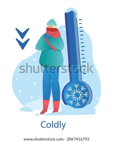 Cold weather concept. Young woman in warm jacket, hat and boots stands next to large thermometer and covers face with scarf. Cold weather in winter. Frozen character. Cartoon flat vector illustration