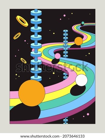 Abstract neo poster. Colorful retro poster with wavy lines, geometric shapes and dark background. Design element for covers, social networks and wall decoration. Cartoon flat vector illustration