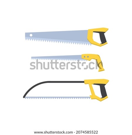 Construction tool icon. Stickers with different types of saws. Attributes for sawing materials for repair. Design element for social network. Cartoon flat vector set isolated on white background