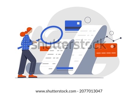 Big bill concept. Young woman makes purchases and analyzes costs with magnifying glass. Online transactions. Female character checks list. Financial literacy. Cartoon flat vector illustration