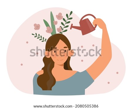 Positive thinking concept. Happy young woman watering flowers on her head. Metaphor of mental health and well being. Emotional stability and good mood. Cartoon modern flat vector illustration