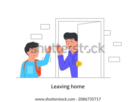 Leaving home concept. Young smiling man looks out of doorway and waves goodbye to his son. Boy with backpack leaves apartment and goes to school. Father see off child. Cartoon flat vector illustration