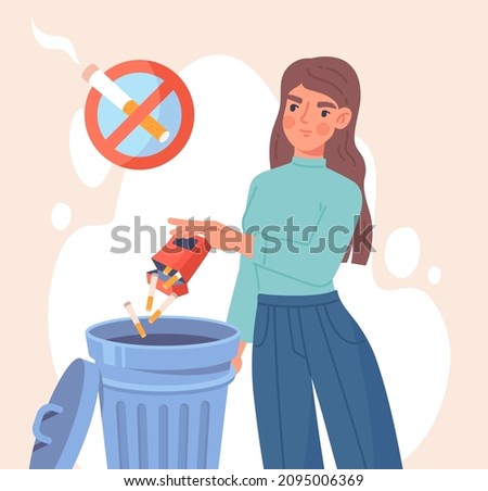 Woman quit smoking. Self victory, self improvement, street, garbage, healthy lifestyle. Danger and potential lung cancer, self care. Young girl throws away cigarettes. Cartoon flat vector illustration Stockfoto © 