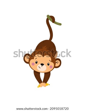 Swinging happy monkey. Animal updown on tropical tree. African characters. Exotic, zoo, nature, fresh air and outdoor. Sticker or badge. Cartoon flat vector illustration isolated on white background