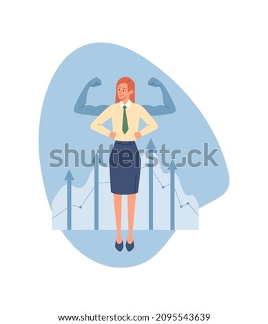 Selg confident concept. Girl in business suit stands in confident posture, and behind shadow of muscular arms. Metaphor of Inner Power, Feminism and Equal Rights. Cartoon flat vector illustration