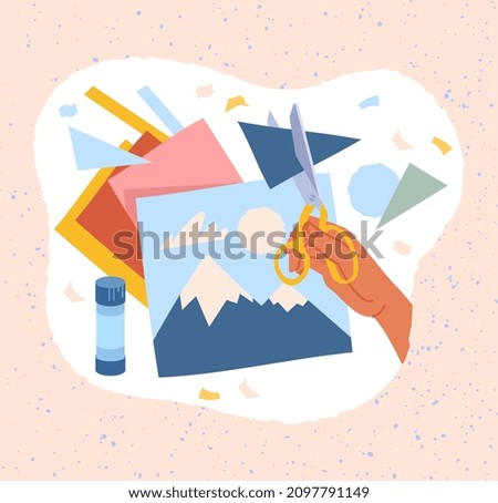 Creative workshop concept. Hands hold scissors, cut out various figures from paper and create paintings. Favorite hobby. Pleasant pastime for children and adults. Cartoon flat vector illustration