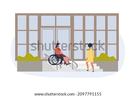 Person with disabilities in society concept. Young woman in wheelchair descends on ramp from building. Equal environment for people with different physical abilities. Cartoon flat vector illustration Stock foto © 