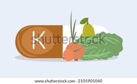 Sources of vitamins concept. Tablet with fat soluble vitamin K, lettuce, onion and pear. Healthy nutrients for the body. Infographics for print, websites and books. Cartoon flat vector illustration Stock fotó © 