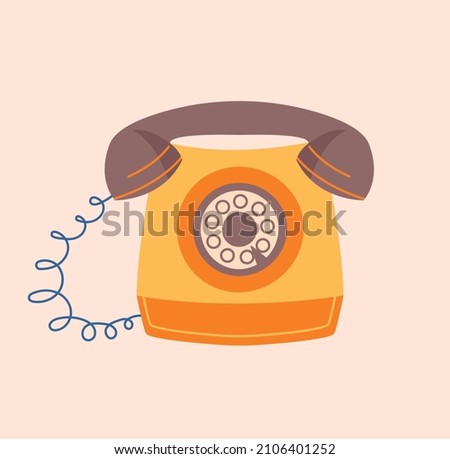 Old landline phone concept. Colorful sticker with yellow desk phone with round dial and wire. Equipment for remote communication. Design element for social networks. Cartoon flat vector illustration