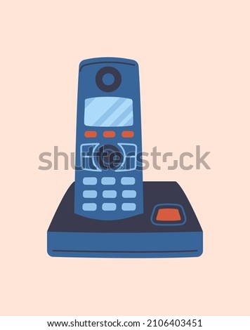 Modern landline phone concept. Sticker with small desktop phone for office or home. Equipment for remote communication, calls and business. Design element for covers. Cartoon flat vector illustration