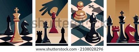 Collection of chess posters. Colorful templates with various chess pieces, checkered board and game strategy. Intellectual entertainment. Cartoon flat vector collection isolated on white background