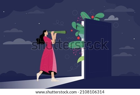 Looking in unknown future concept. Curious woman with telescope in her hands looks through open door. Search for life path and journey into subconscious. Cartoon modern flat vector illustration Foto stock © 