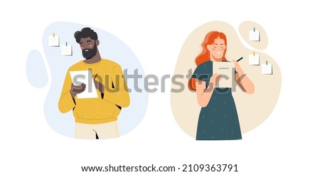 Set of characters taking notes. Man and woman write reminders on stickers. Characters develop business projects, think creatively and brainstorm. Cartoon flat vector collection on white background
