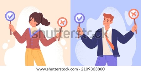 Business decision right or wrong. Man and woman hold signs with tick and cross. Employees make moral choice between right and wrong or true or false. Cartoon modern flat vector illustration set