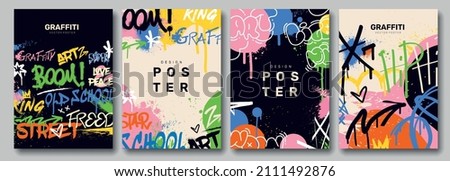 Set of graffiti poster. Street art with splashes of paint, inscriptions and space for text. Design elements for covers and wall decorations. Cartoon flat vector collection isolated on gray background