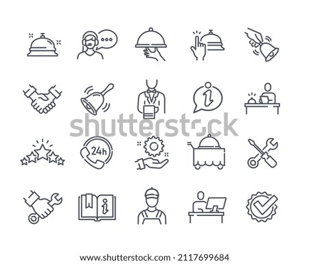 Simple set of icons with service and maintenance. Stickers with waiter, hotline operator, builder and rating. Design elements for website. Cartoon flat vector collection isolated on white background