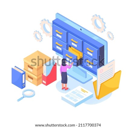 File storage concept. Girl in large archive. Working with information, documents and statistics. Analytical department, paperwork, and hardworking employee. Cartoon volumetric vector illustration