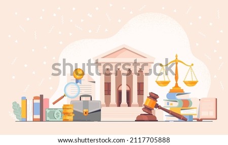 Concept of law justice. Courthouse and hammer hits table. Law, crime and justice. State institutions. Jurisprudence, civil law, criminal cases, buildings in city. Cartoon flat vector illustration