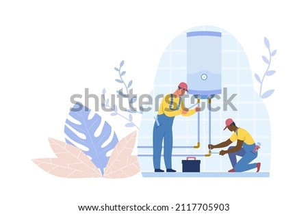 Water heater repair. Two men in masks and work suits fix plumbing problems. Employees and technical workers. Bath, boiler and good service. Iron pipes and spanners. Cartoon flat vector illustration