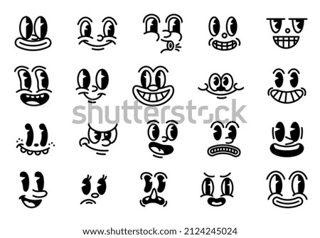 Set of retro cartoon mascot characters. Vintage funny faces with emotions of joy, fun, surprise or cunning. Design elements of 60s old animation. Flat vector collection isolated on white background