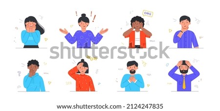 Shock and surprise reactions set. Men and women express positive or negative emotions. Sign language. Happy news or confused character. Cartoon flat vector collection isolated on white background