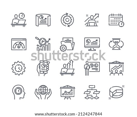 Set of linear productivity and efficiency icons. Minimalistic icons with list of tasks, time management, teamwork, projects and employees. Cartoon flat vector collection isolated on white background