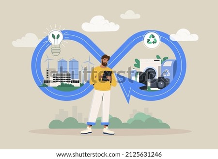 Circular economy manufacturing cycle, sustainable strategy. Reuse of energy resources and waste reduction. Alternative sources of electricity. Care of environment. Cartoon flat vector illustration