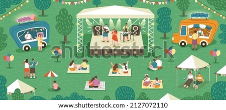 Outdoor music festival abstract concept. Young people sitting on grass in park, having picnic and listening to performance of their favorite band. Entertainment. Cartoon flat vector illustration