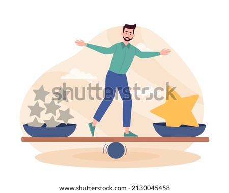 Quality vs quantity. Two different approaches to production and reproduction, search for best option, difficult decision. Guy looking for balance to solve problem. Cartoon flat vector illustration