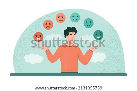 Emotional balance concept. Man develops his emotional intelligence, definition of mood. Consciousness, self development and selfcontrol. Character juggles emoticons. Cartoon flat vector illustration