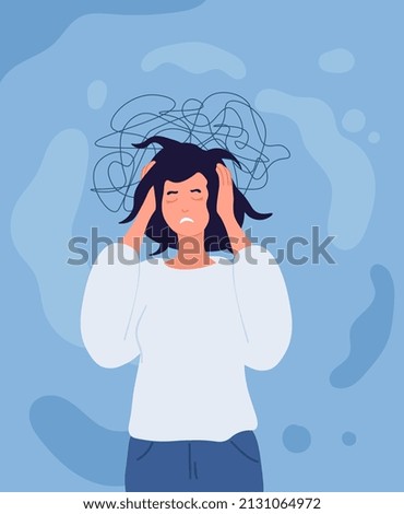 Frustrated woman concept. Girl in panic and horror. Psychological problems and difficulties, discomfort. Stray and depression, loneliness, panic and stress, burnout. Cartoon flat vector illustration