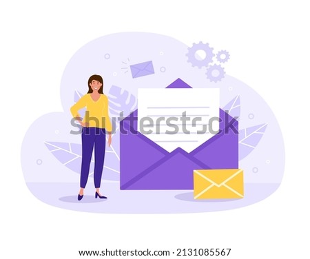 Business message concept. Girl standing next to open envelope. Business mailing and promotion on Internet. SEO specialist or modern marketing, company development. Cartoon flat vector illustration