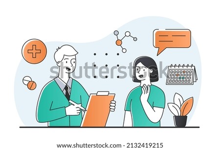 Doctor talking with patient. Man conducts survey of girl, health care and consultation, choice of optimal method of treatment. Health care and regular check ups. Cartoon flat vector illustration