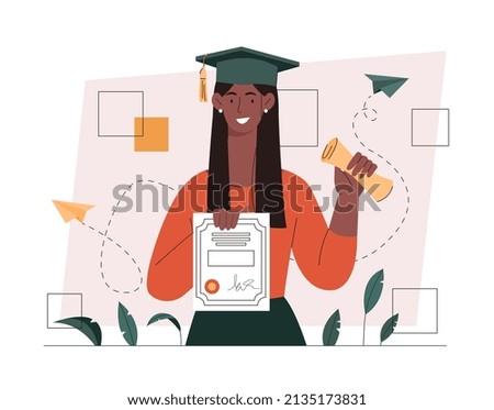 Academic degree concept. Female student smiles with diploma, girl graduating from university and celebrates. Young specialist graduated, talented professional. Cartoon flat vector illustration