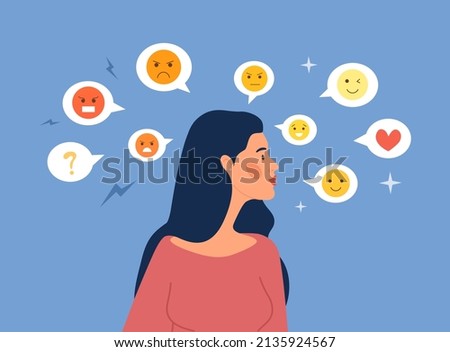 Mood swing concept. Young girl surrounded by emoji, icons for social networks. Woman suffers from hormones and mood swings. Joy and sadness, peace and anger. Cartoon flat vector illustration