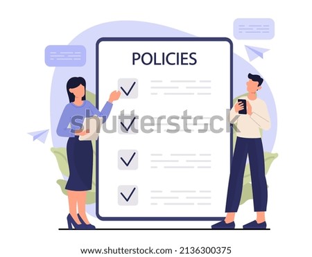 Regulatory compliance concept. Young man and woman create rules for office employees to achieve business goals. Moral standards and productivity. Cartoon contemporary flat vector illustration